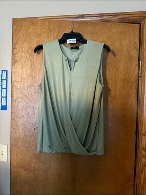Tahari Metallic Sage Green Draped Sleeveless Blouse